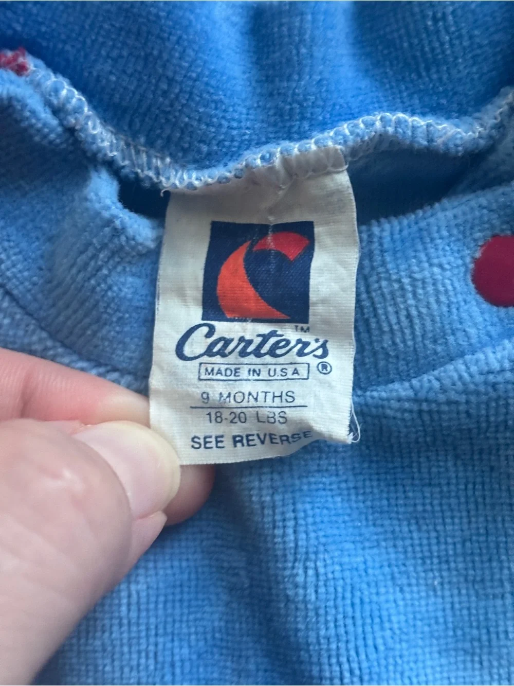 Vintage Carter’s Blue and Red Football Teddy Bear Velour One-Piece, 9 months
